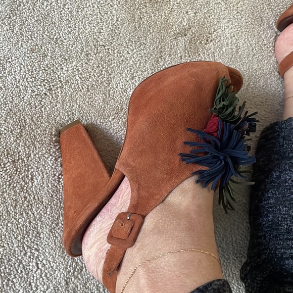 Suede fringe pompom chunky heeled sling back mules - Picture 2 of 5
